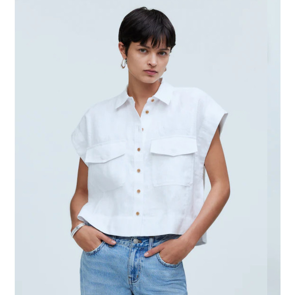 Madewell Tops - Madewell White Flap-Pocket Button-Up Shirt in 100% Linen, size L